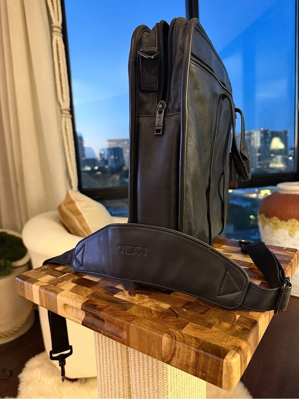 Tumi Black Leather Briefcase with Shoulder Strap - Men Bags